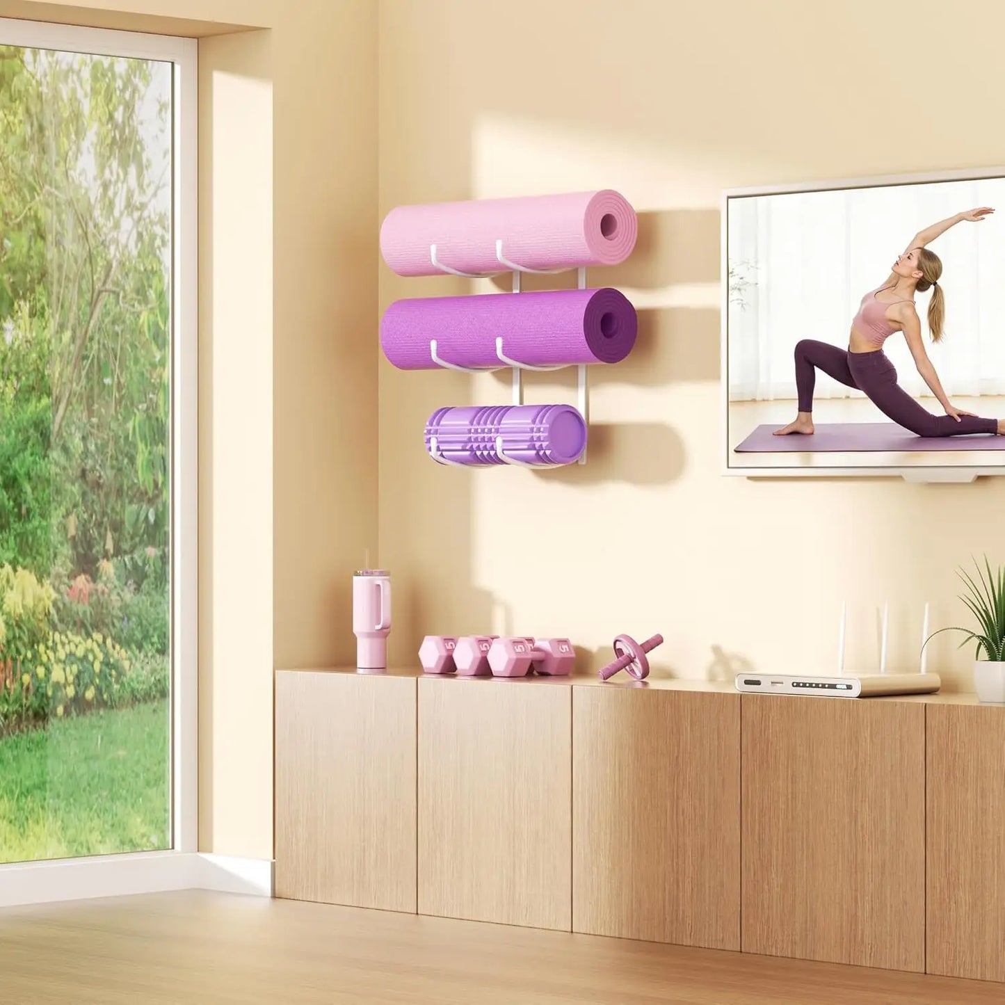 3-Tier Wall Mount Yoga Mat Holder Storage Rack/for Foam Roller and Blocks White Metal Organizer