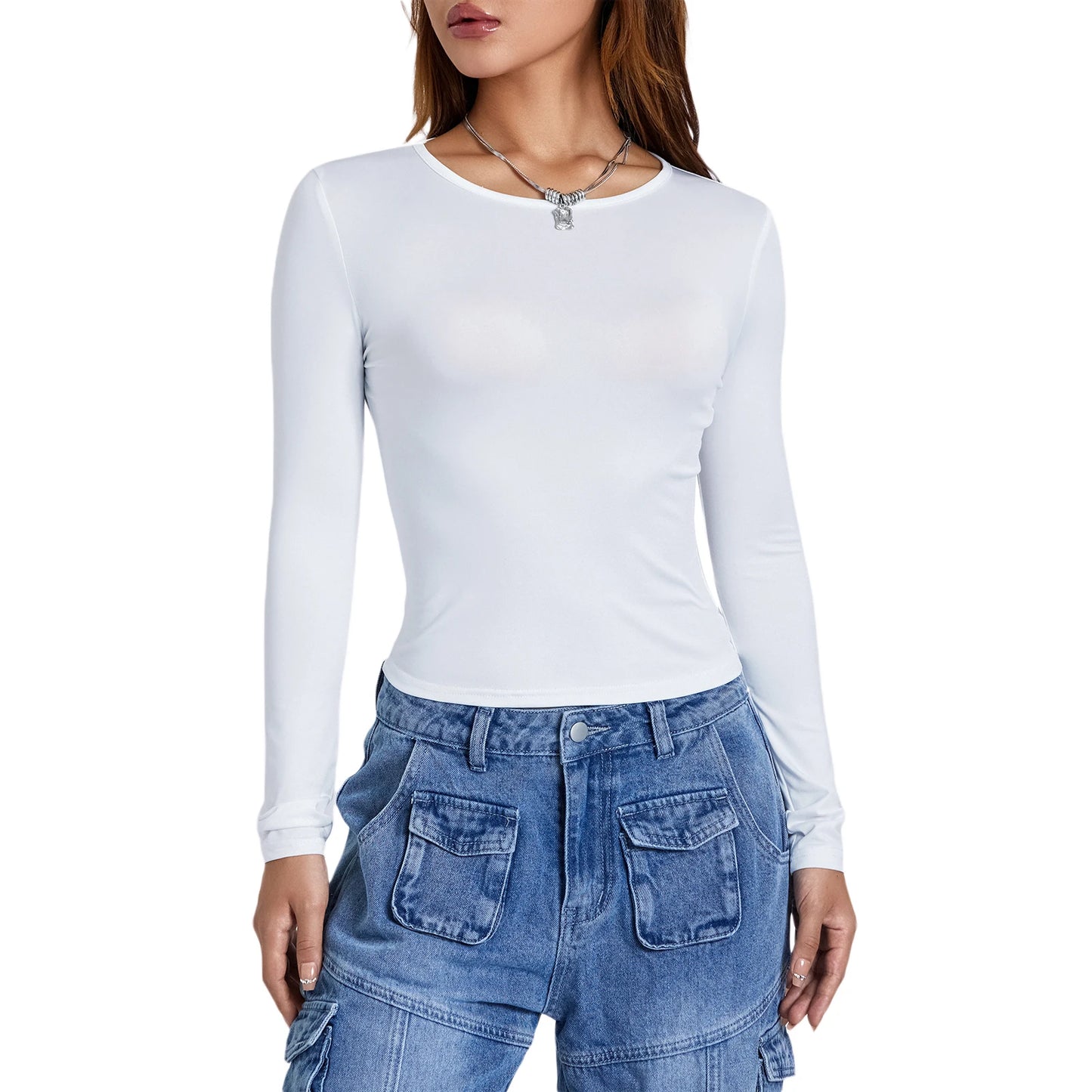 Women´s Autumn Slim Cropped Tops Solid Color/Round-Neck Long Sleeve Show Navel T-Shirt Women's Shirt