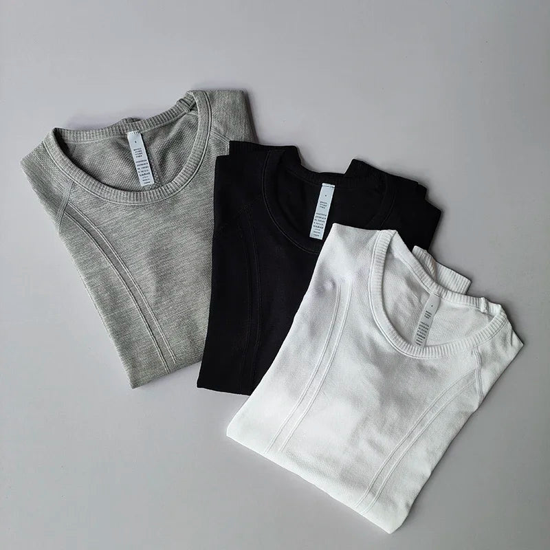 Yoga Clothes for Women, Sports Tops Round Neck Seamless Slim/Running Shirt Fitness Workout Long Sleeves Gym T shirt