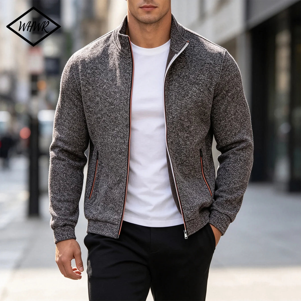 Men Running Track Jacket Contrast Trim Zip‑up Sports Coat Casual/Windproof Athletic Jacket Full Zip Stand Collar Workout Outerwear