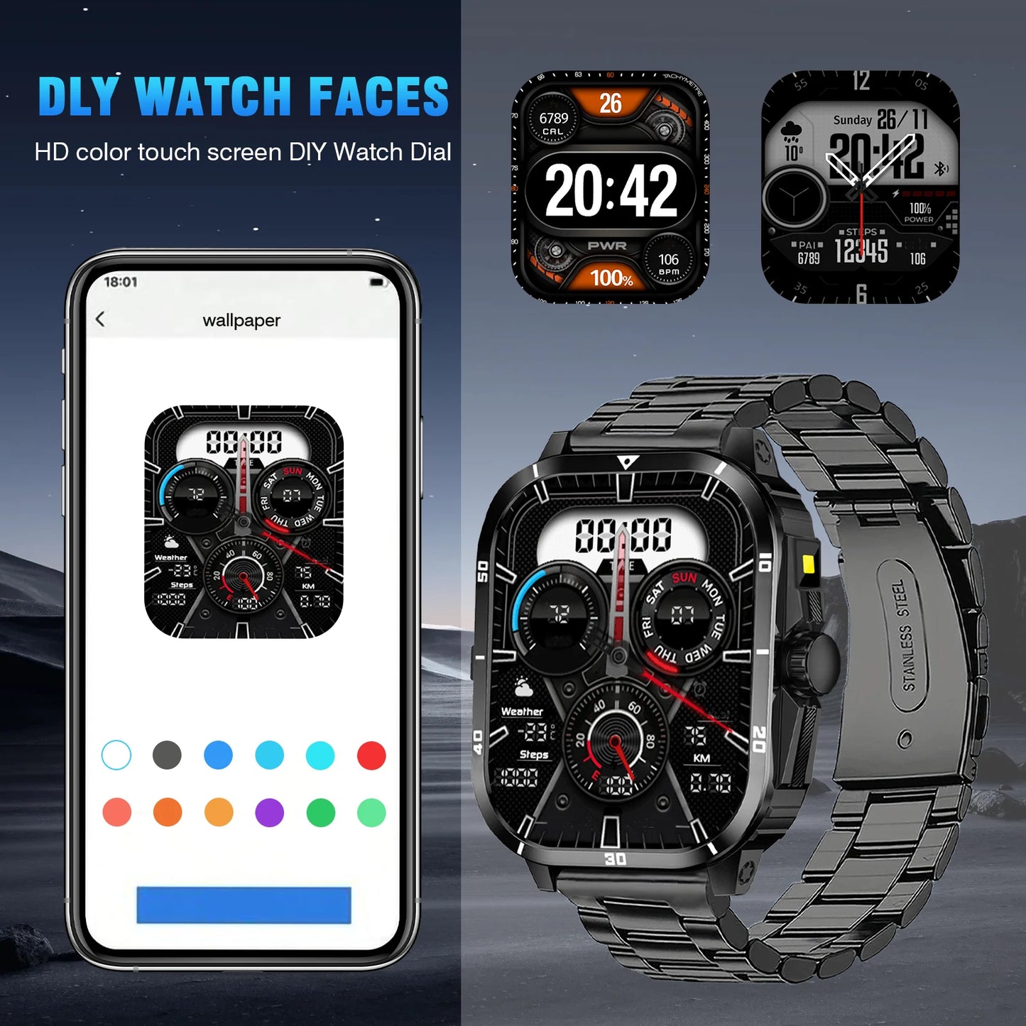 Smart watch full touchscreen sports watch Bluetooth calling/with flashlight unisex compatible with Android and iPhone