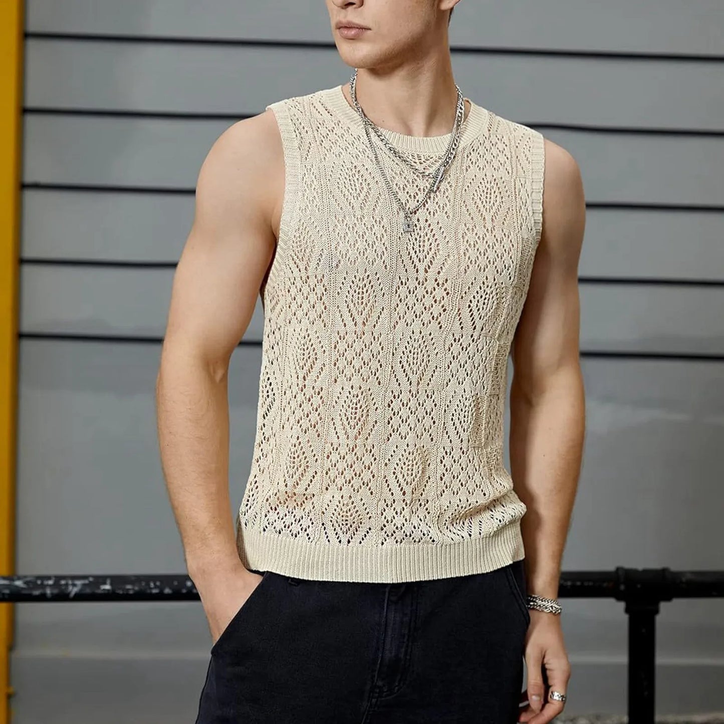 Beach Tops For Men Men's Knitted Hollowed Out Vest/Crew Neck Sleeveless Male Clothes With Designs Men Tank Top