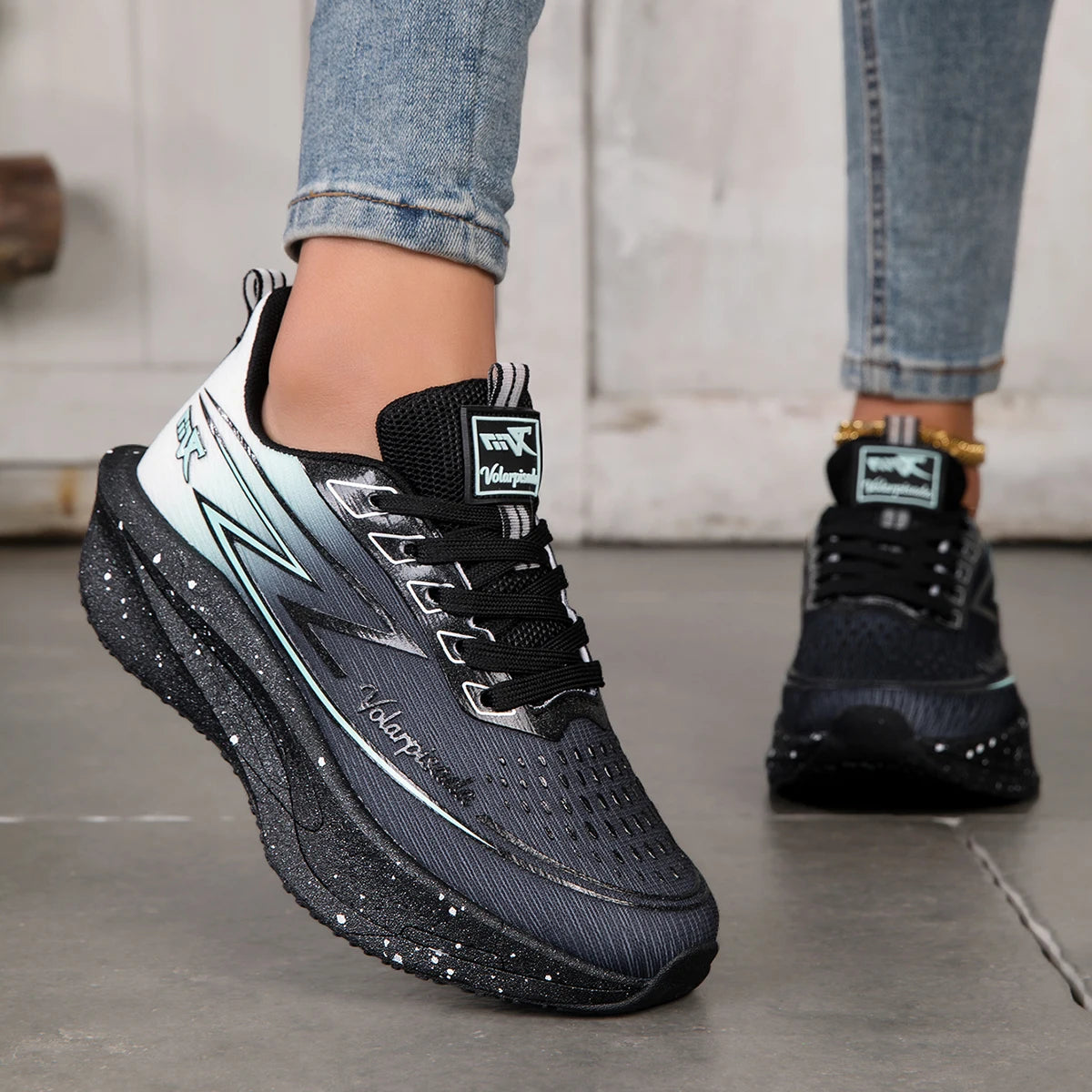 Women Gradient Lightning Print Running Sneakers Breathable/Flying Weave Mesh Light Cushion Non Slip Shock Absorb Athletic Shoes