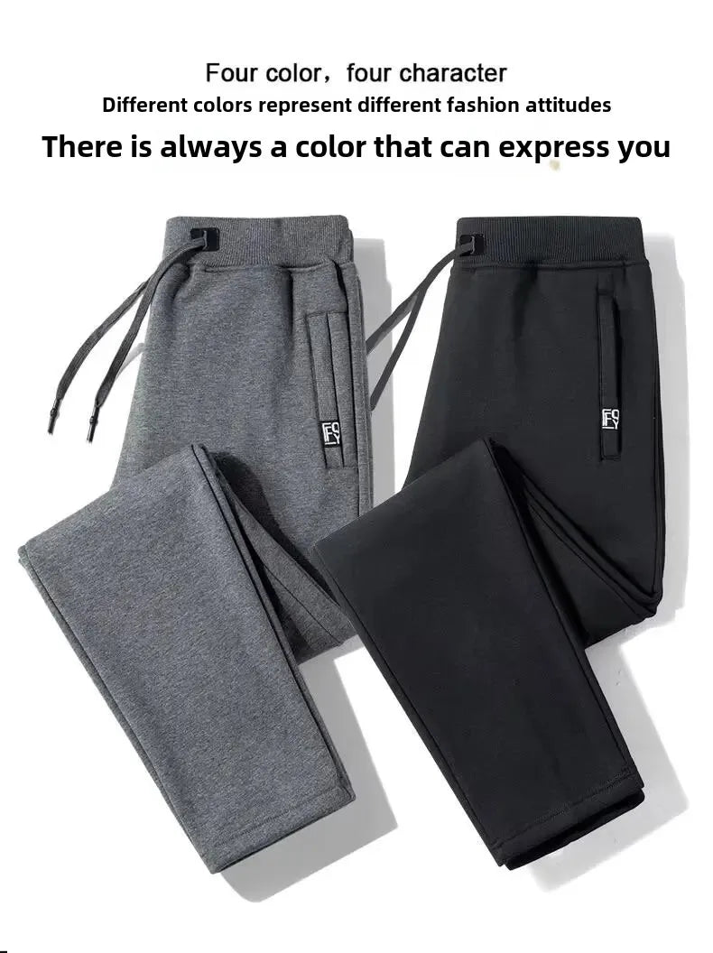 Men's Autumn/Winter Fleece-Lined and Thickened Sweatpants/Versatile Casual Straight-Leg Pants Loose-Fitzip U pocket Solid Color