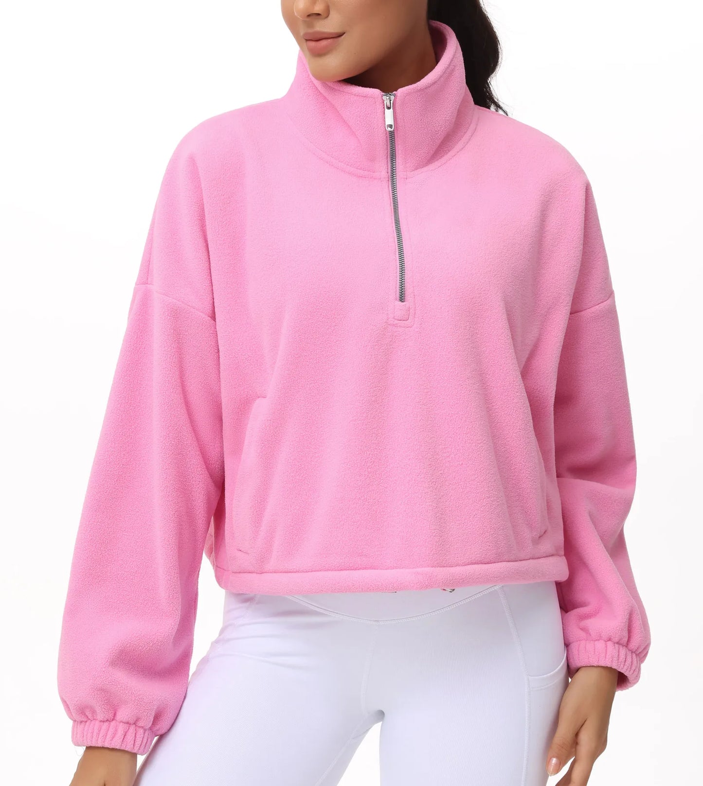 THE GYM PEOPLE Women’s Half Zip Crop Pullover Sweatshirt Fleece/Loose Fit Workout Tops with Pockets Drawstring