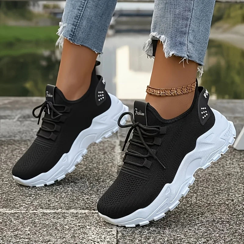 Women Chunky Platform Dad Sneakers, Knit Mesh Lace Up/Wavy Sole Casual Shoes Thick Bottom Non-slip Walking Trainers