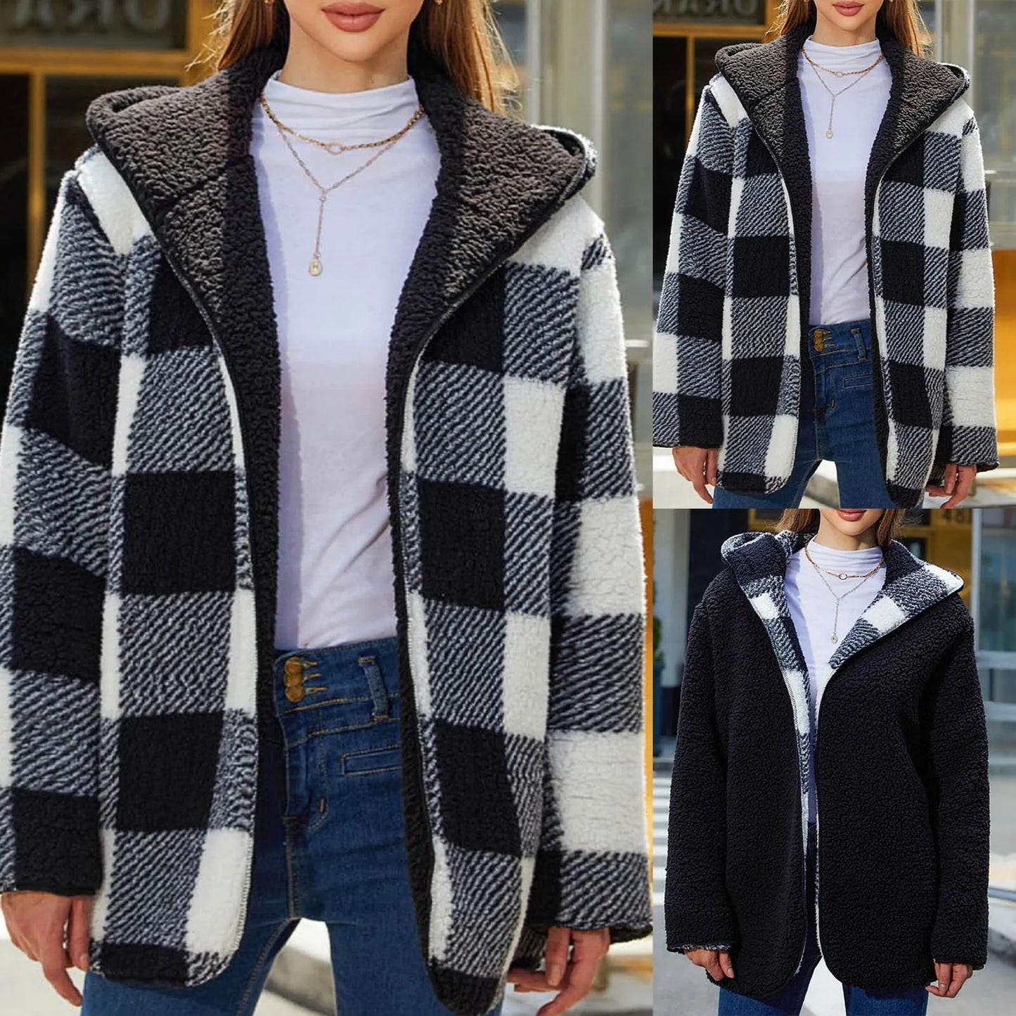 Women's Loose Warm Plaid Buttonless Cardigan Vintage Hooded/Double-Sided Plush Jacket Loose Fit Fleece Warm Jackets