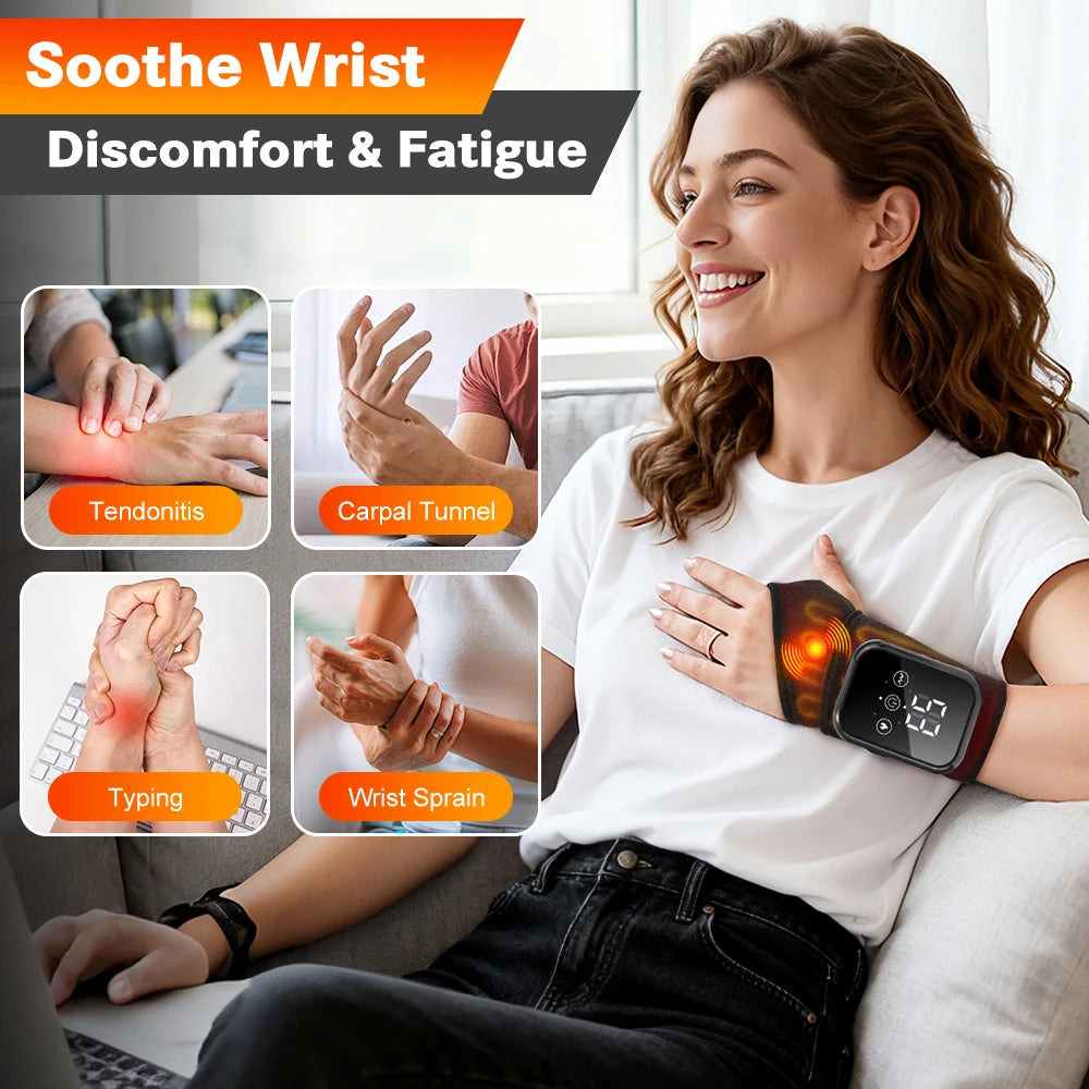 Cordless Heated Hand Wrist Massager with Vibration 3 Heat Levels/3 Massage Modes Smart Touch Control, Electric Wrist Brace Wrap