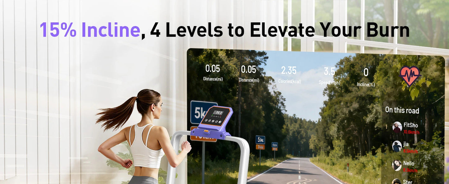 Folding Walking Pad with 15% Incline/RGB Light/Dual Screen Display/3.5HP Treadmills for Home,350lbs Capacity Smart App