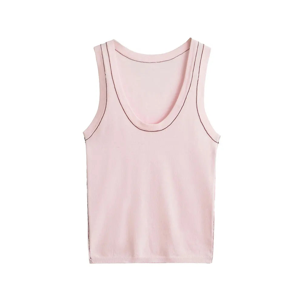 Women's Sleeveless Knit Tank Tops V Neck/Contrast Trims Female Vest Fashion