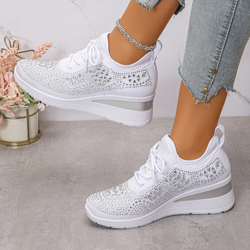 Women's Shiny Rhinestone Wedge Sneakers Breathable Non Slip/Walking Shoes Woman Plus Size Fashion Thick Sole White Sneakers