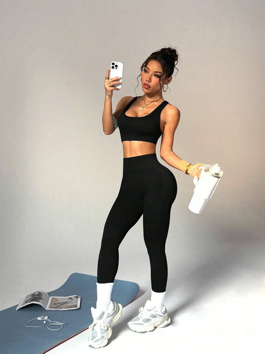 Women Solid Color Criss-Cross Strap/Sports Set Workout Leggings Athletic Suit
