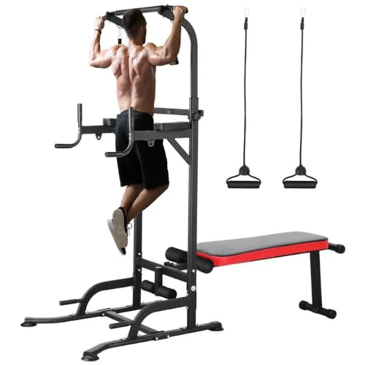 Arlopu Power Tower with Bench Pull Up Bar Stand Dip Bar/Folding Bench 4 Ropes Strength Training Multi-Function Fitness Equipment