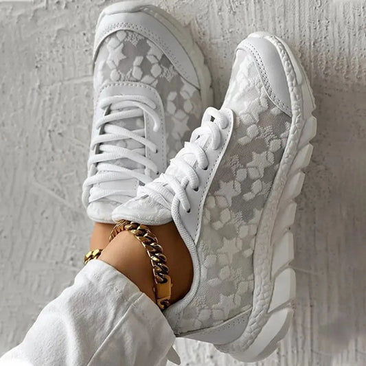 Women's Fashion Vulcanized Sneakers Breathable Mesh Leather/Patchwork Platform Shoes Color Matching Lace Up Running Shoes