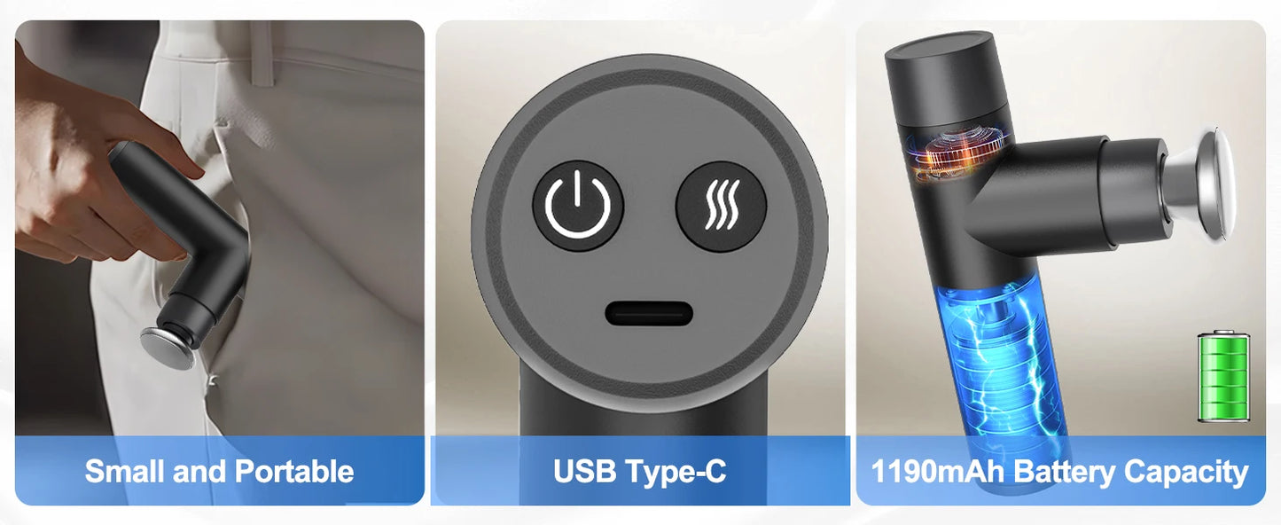 Mini Massage Gun, Percussion Deep Tissues Muscle with Heat/Portable Full-Metal Massage Gun with 3 Interchangeable Heads