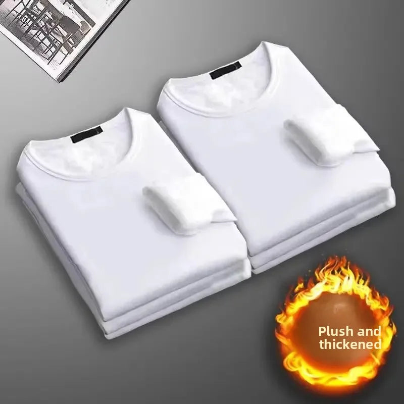 Men's Long Sleeve Thermal Underwear Fleece Lined Thick T-Shirt/round Neck Slim Fit Base Shirt Pure Color Inner Wear Autumn Top