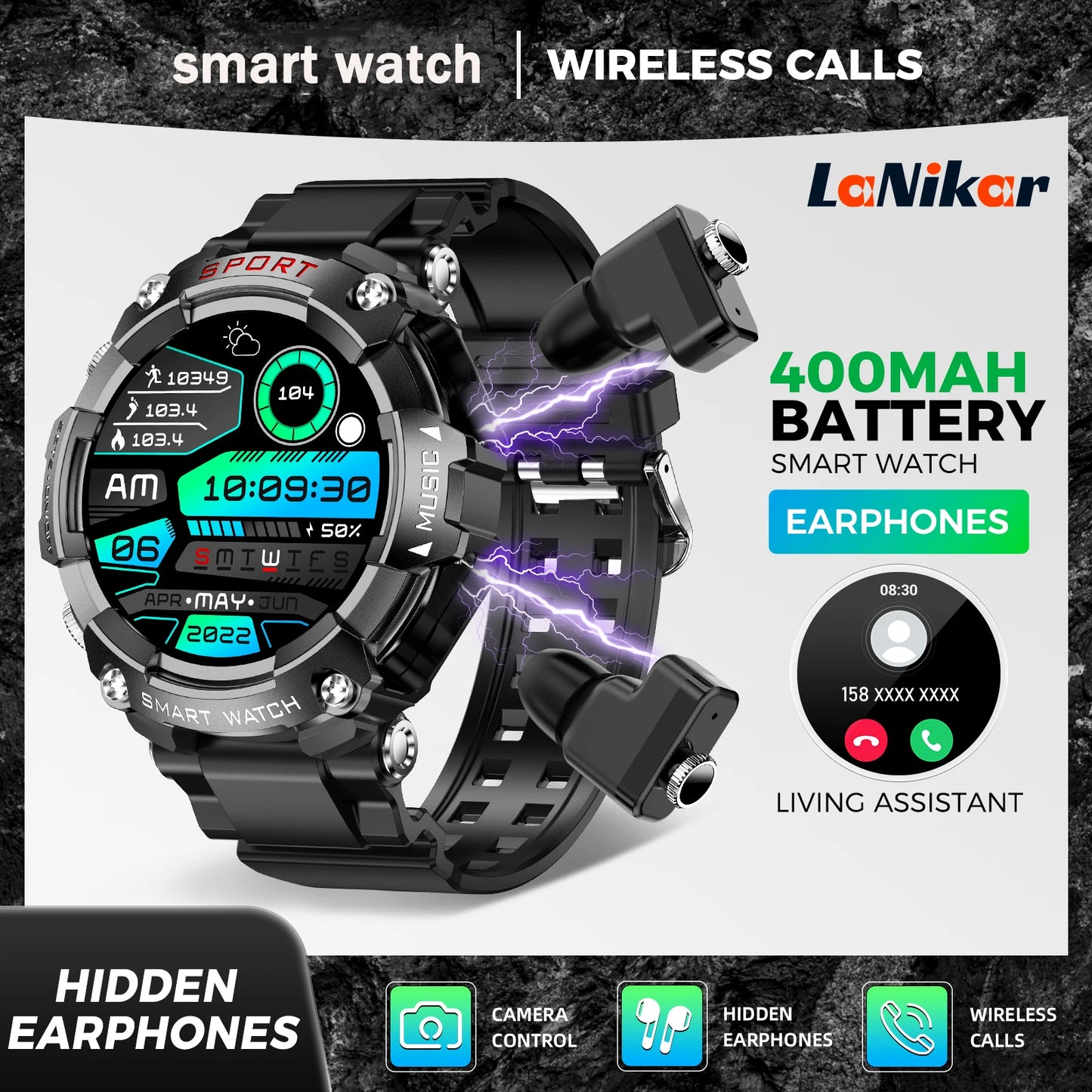 LaNikar Smart Watch AMOLED Display With In-Ear Bluetooth Headset/Heart Rate Blood Pressure Oxygen Saturation Monitoring HD Audio