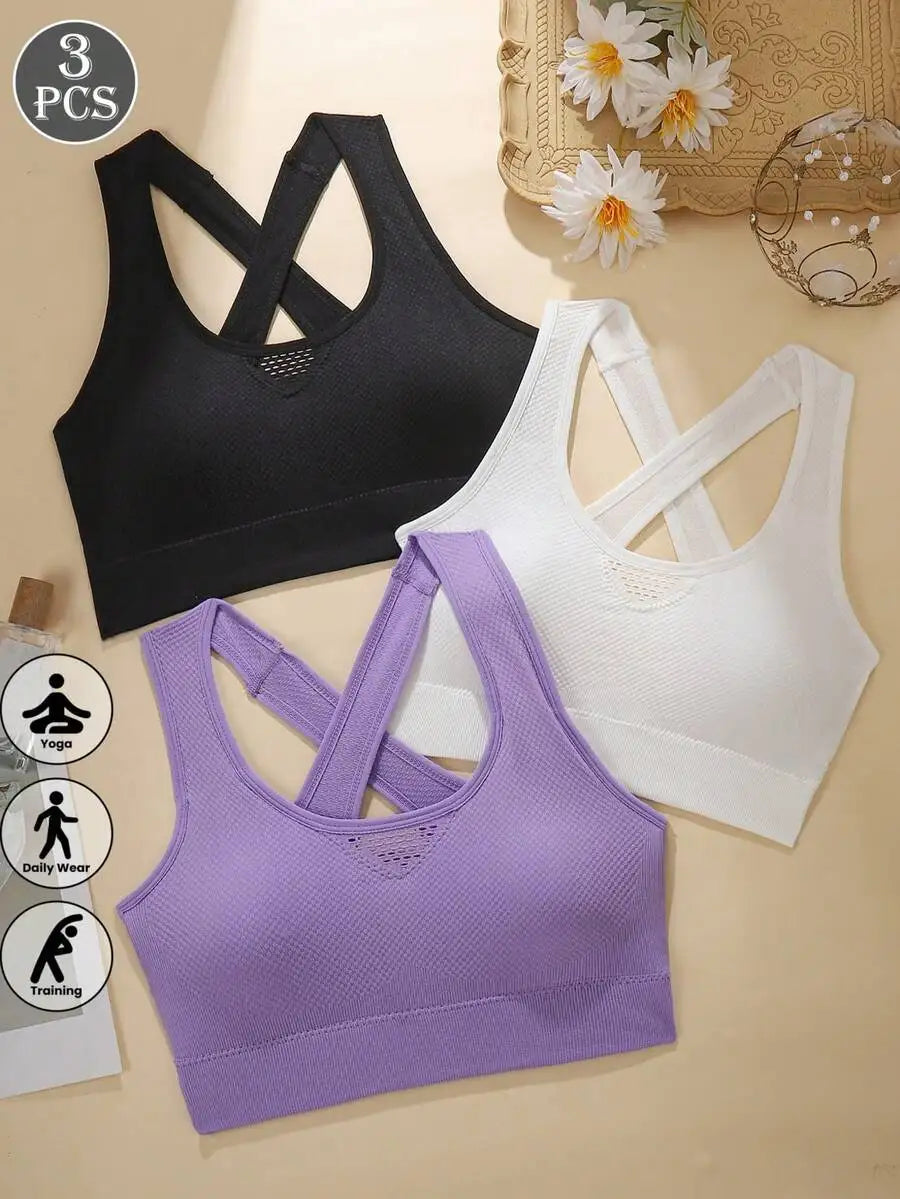 3pcs Criss-Cross Strap Sports Bra For Women Yoga Gym/Running Racerback Crop Top Can Be Worn Outerwear