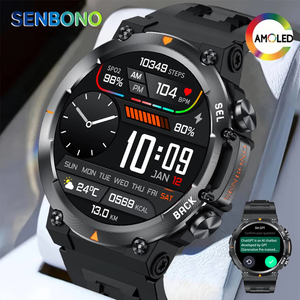 SENBONO MAX18 Smart Watch for Men AMOLED Screen AI GPT Bluetooth Call/410mAh Big Battery Fitness Tracker Men' Sport Smartwatch