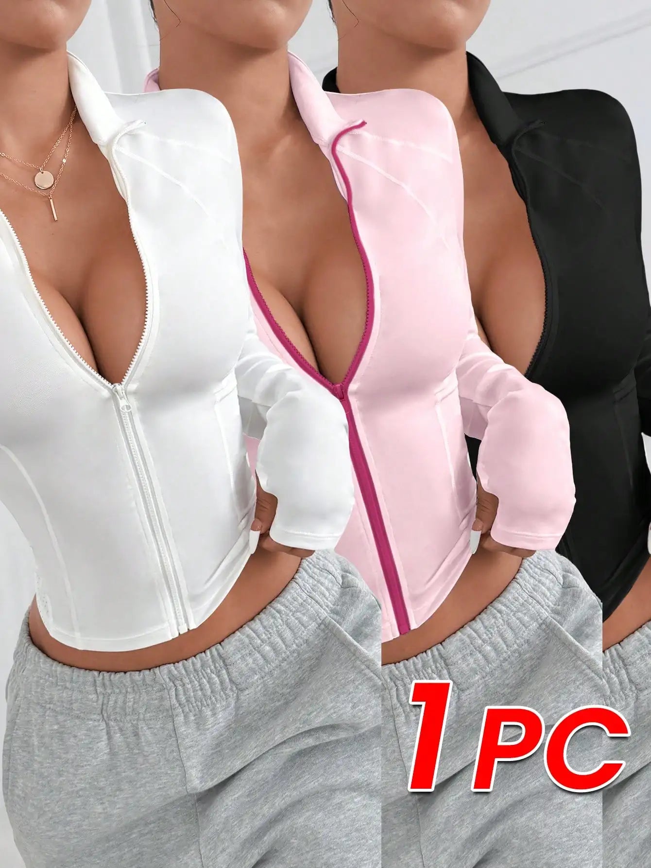 Zip-Up Sporty Jacket Women/Solid Color Casual Slim Fit Outerwear