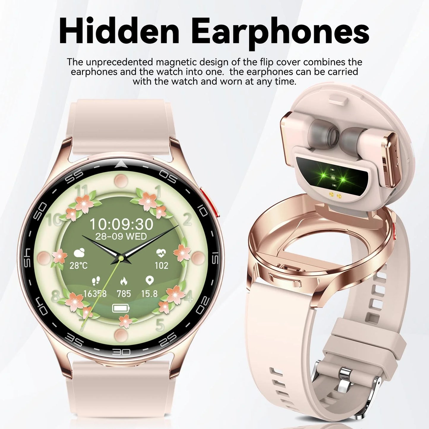 EIGIIS 2026 2-in-1 Smart Watch with Hidden Earbuds 1.39"IPS HD Screen/280mAh Sports Fitness Tracker Heart Rate Monitor for Women