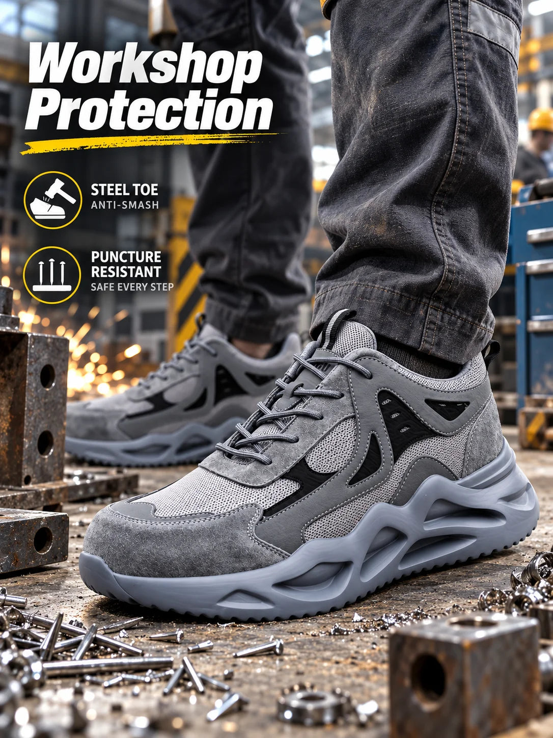 Puncture-Resistant Impact-Resistant Work Shoes Men's Steel Toe/Safety Work Boots Breathable Slip-Resistant Oil-Resistant