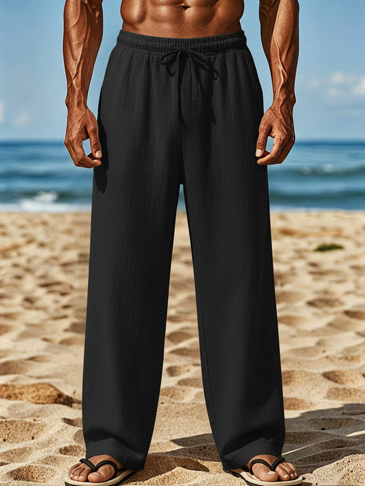 Men's Casual Wide Leg Pants Elastic Waist Drawstring Loose Straight Trousers/with Pockets Lightweight for Beach Vacation Daily Wear