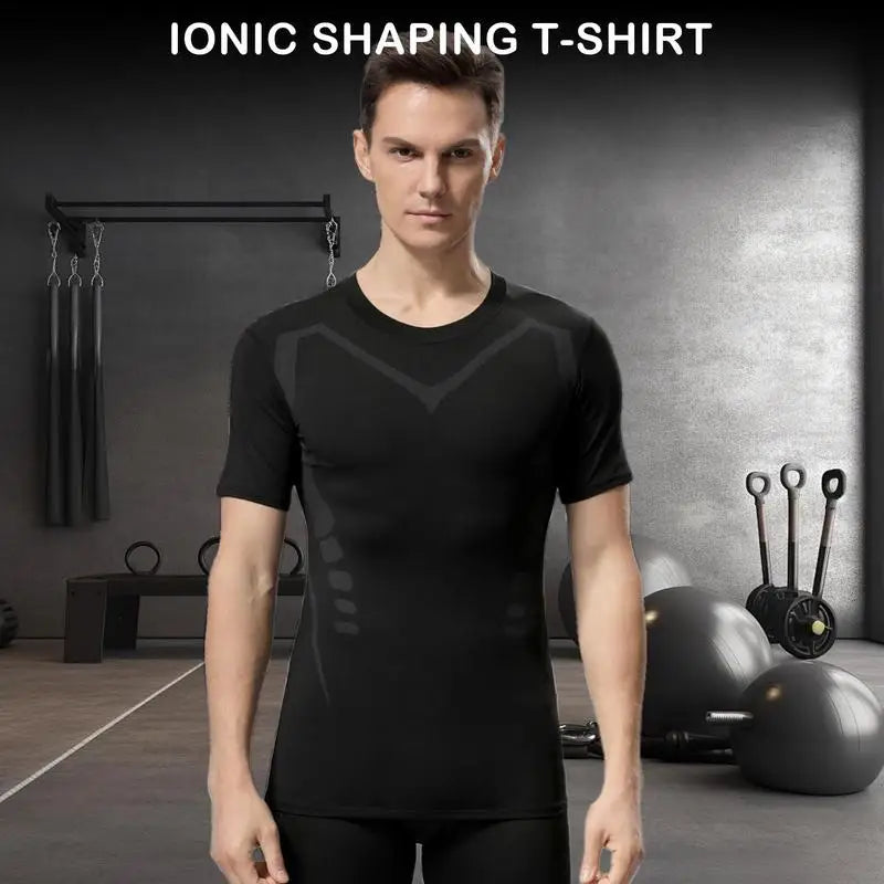 Tight Sleeve T Shirts Men Ionic Shaping Tight Workout Shirt/Quick Drying Compression Short Sleeve High Elastic T-Shirt