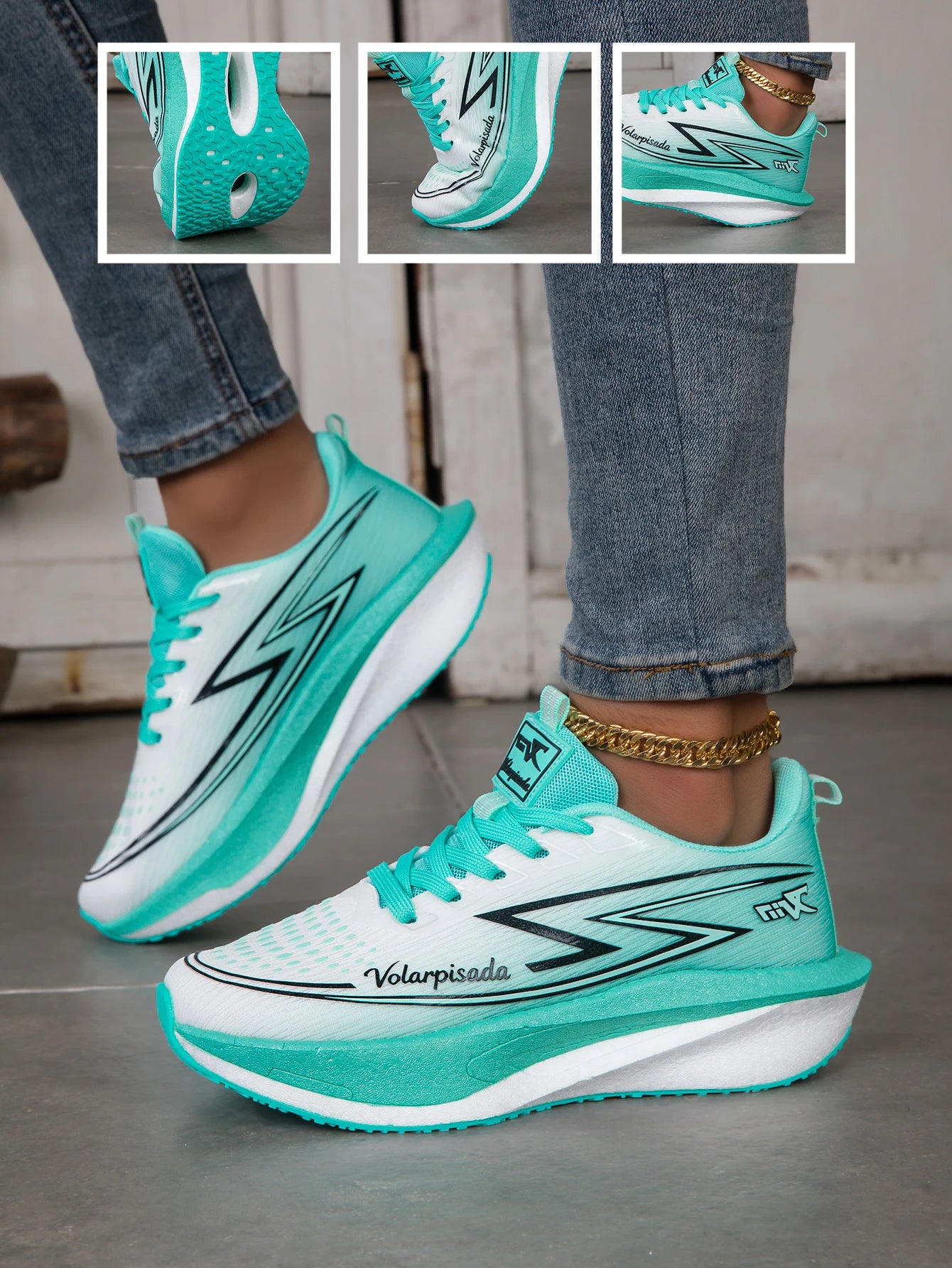 Women Gradient Lightning Print Running Sneakers Breathable/Flying Weave Mesh Light Cushion Non Slip Shock Absorb Athletic Shoes
