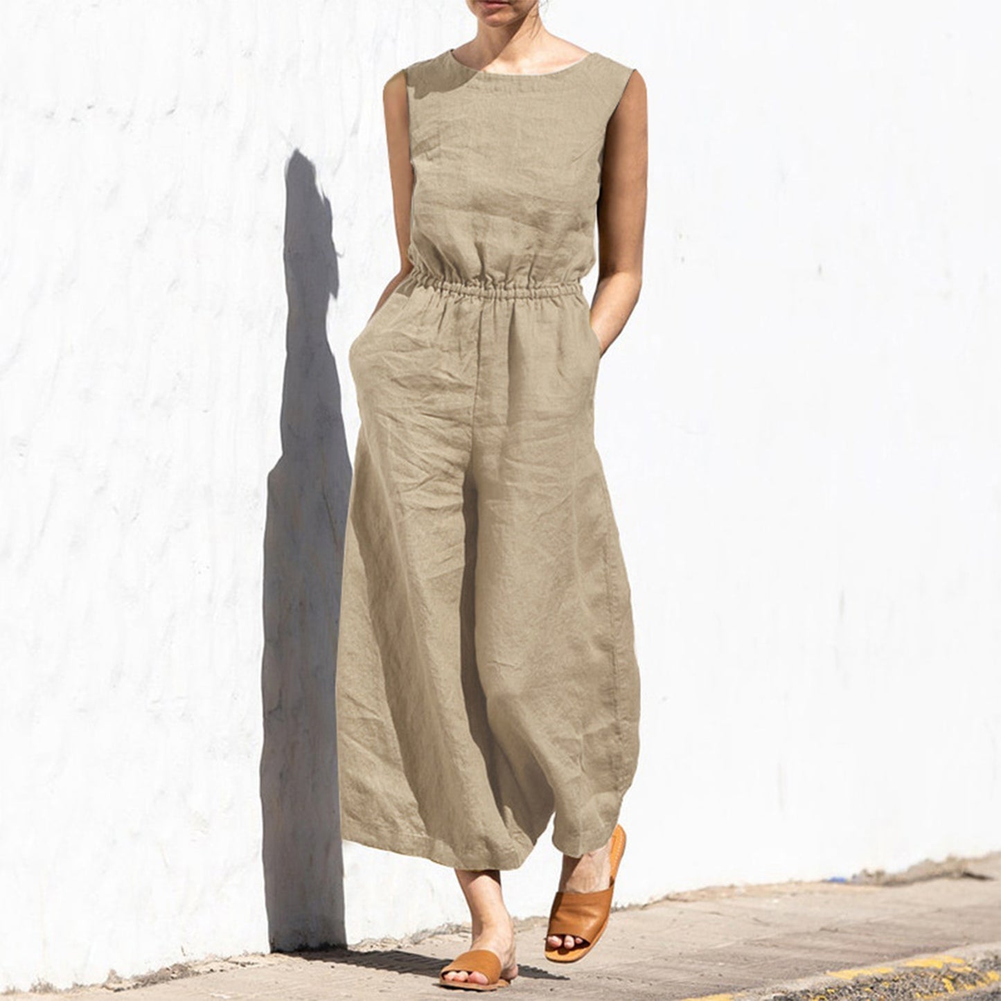 Rompers 2023 New Brand Women Casual Loose/Cotton Linen Solid Pockets Jumpsuit Sleeveless