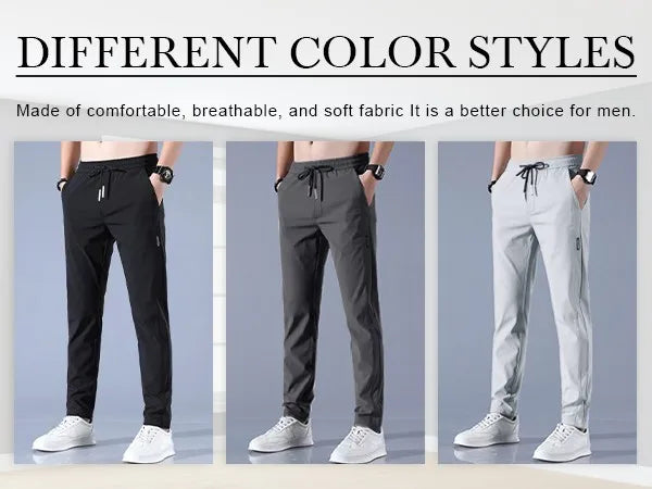 Men Fast Dry Stretch Pants Ice Silk Trousers Solid Color Mid-Waist/Loose Breathable Straight-Leg Casual Pants Thin Sports Pants