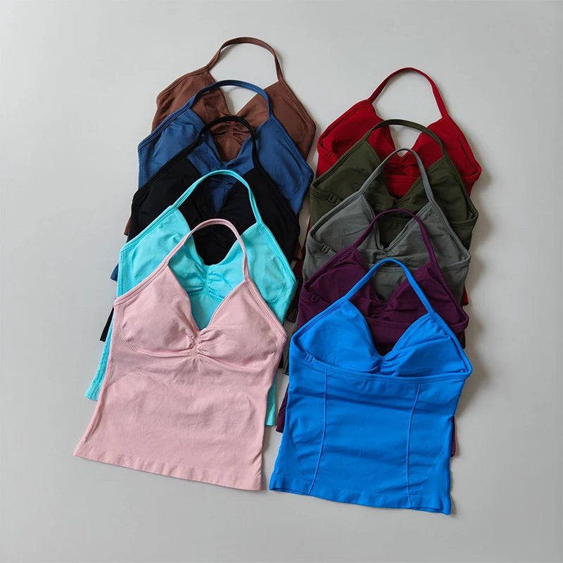 Longline Strappy Seamless Yoga Tank Top Backless/Gym Vest with Built-in Bra Sleeveless Workout Top