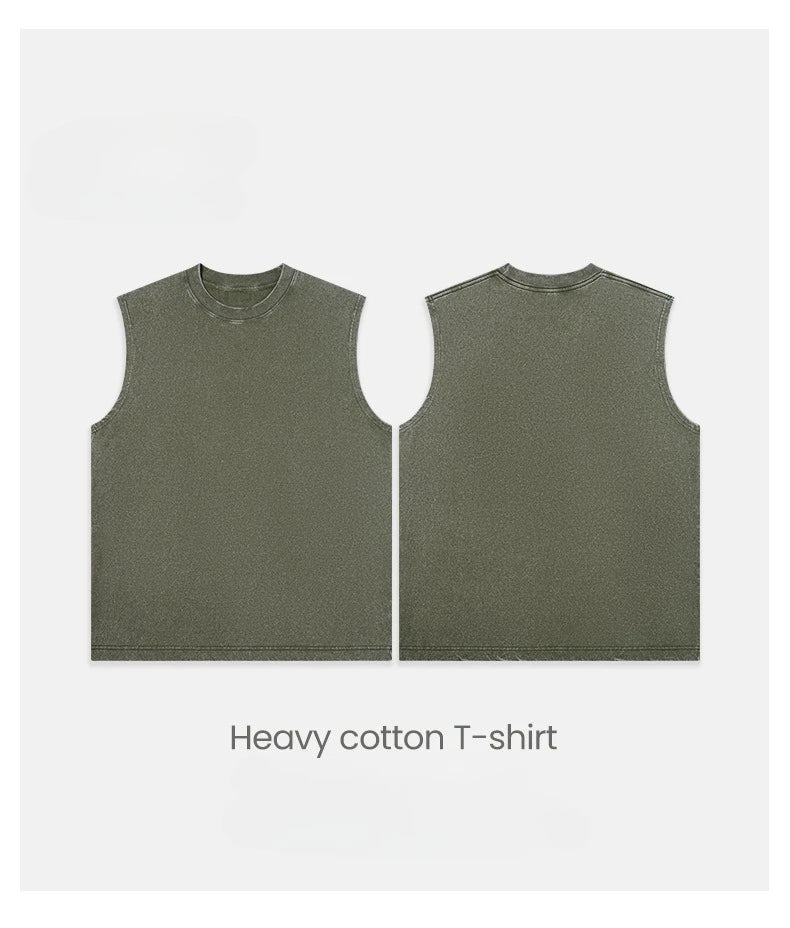 230g Pure Cotton European and American High Street Retro Washed/Distressed Sleeveless Vest Men's Casual Loose Shoulder T-shirt