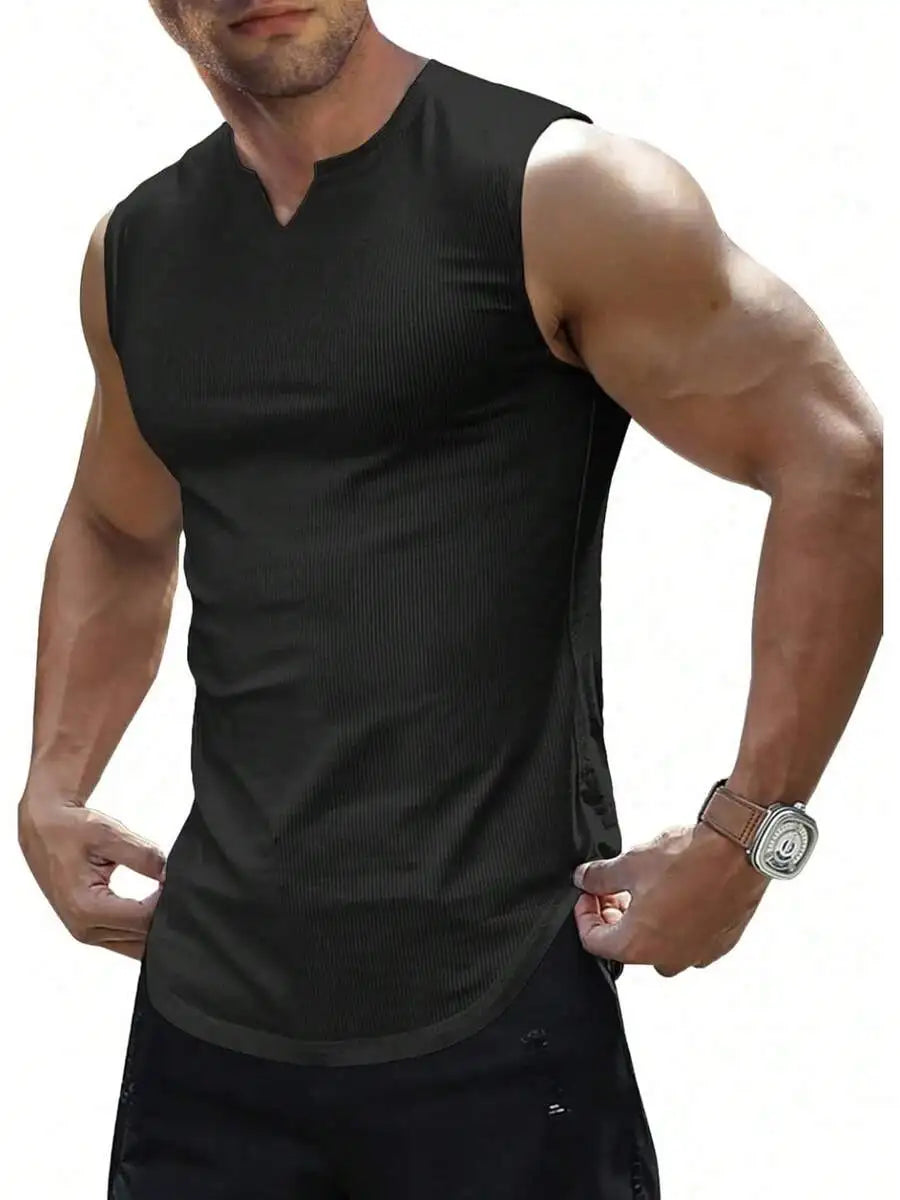 Men's Ribbed Knitted Tank Top/Sleeveless Fitness Gym T-Shirt