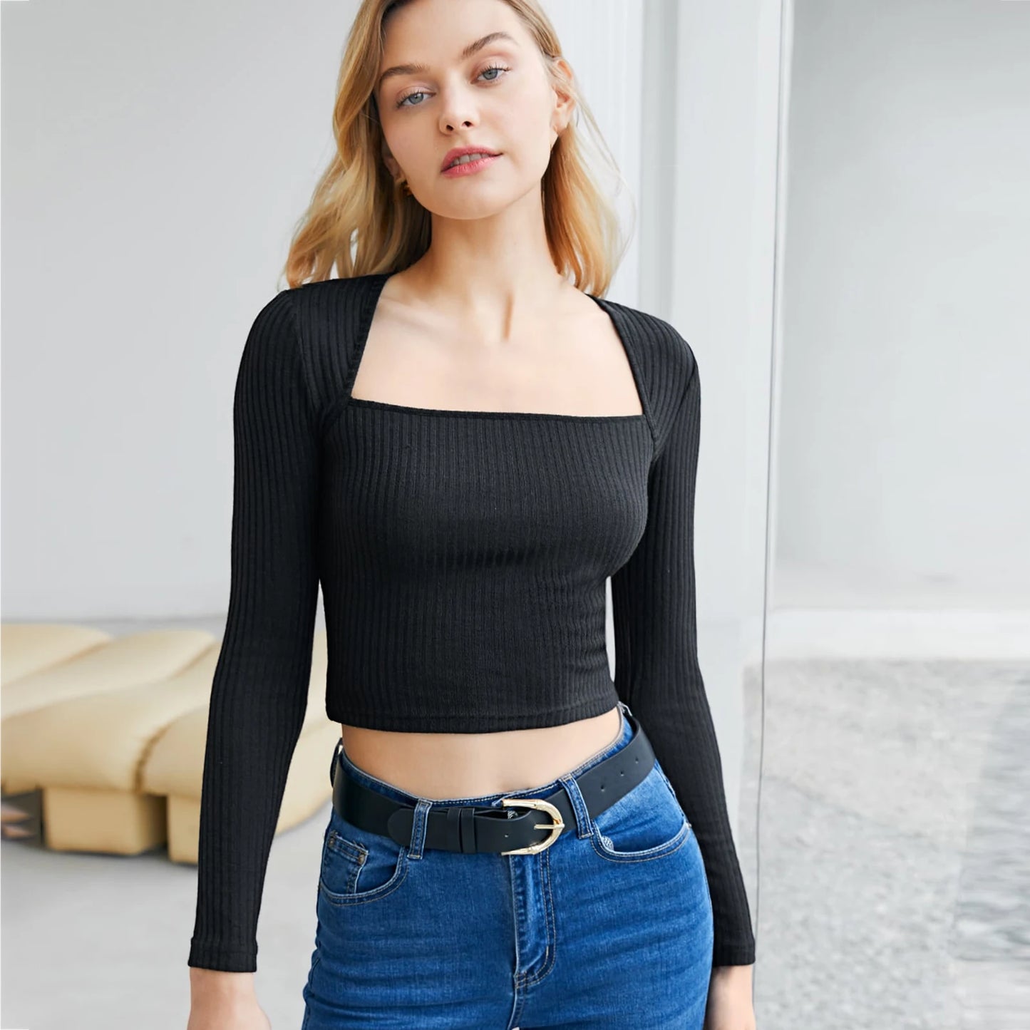 Square Neck Rib-knit Top Slim Fit Cute Tank Tops/for Women Long Sleeves Design Cute Tank Tops for Women Casual Shirt