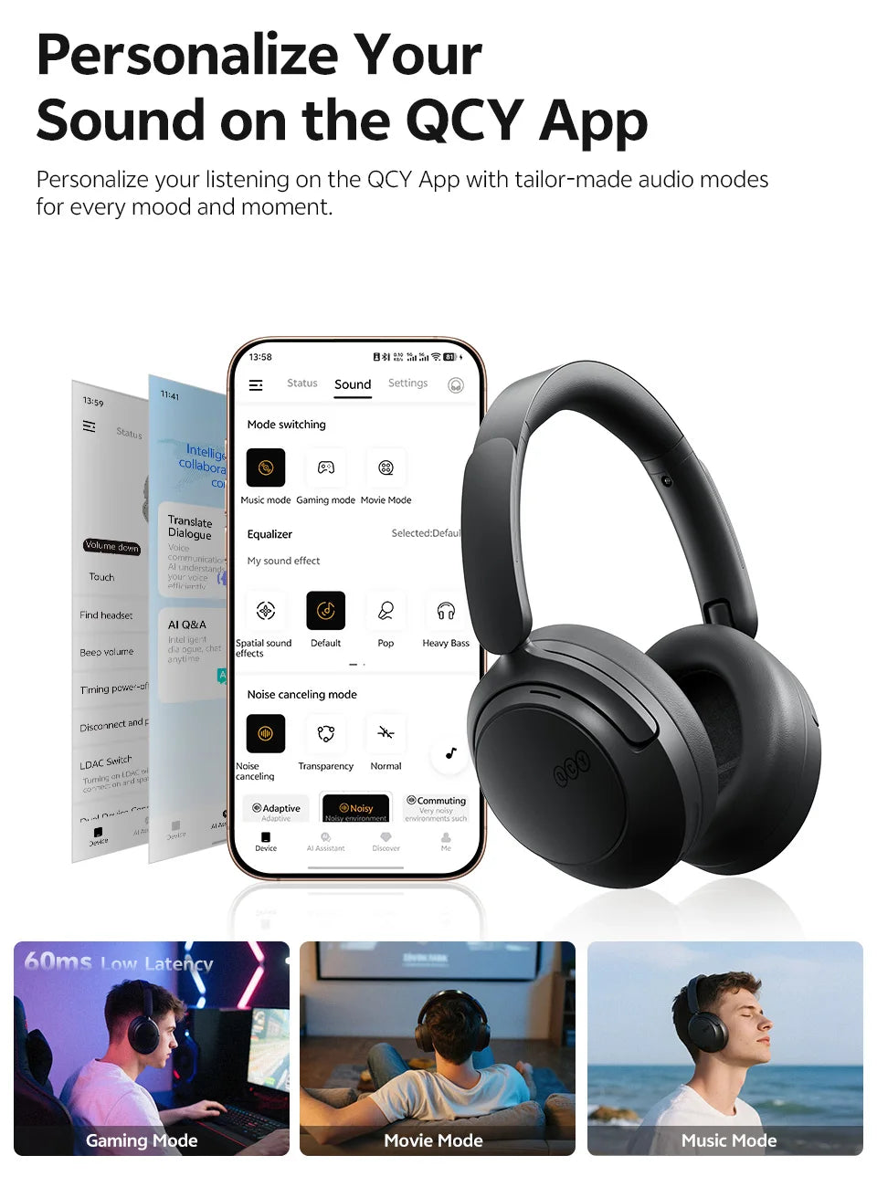 QCY H3S Over Ear Headphone Hi-Res LDAC Spatial Sound Headset/H3S -56dB Adaptive ANC Wireless Earphone Bluetooth 6.0 102Hrs