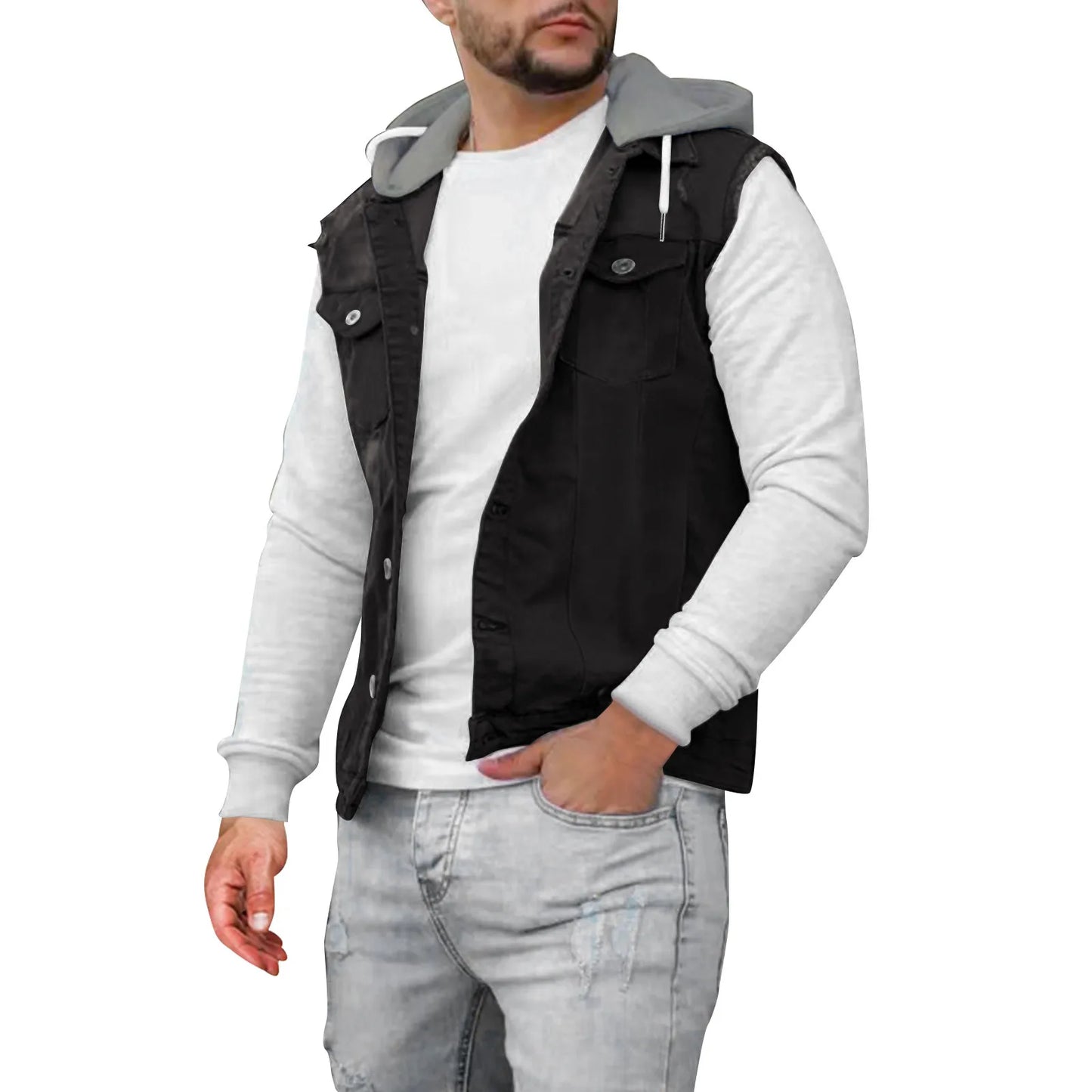 Men's Hooded Jacket Vest Everyday Fashion Streetwear/Sleeveless Solid Color Buckle Lapel Slim Denim Jackets