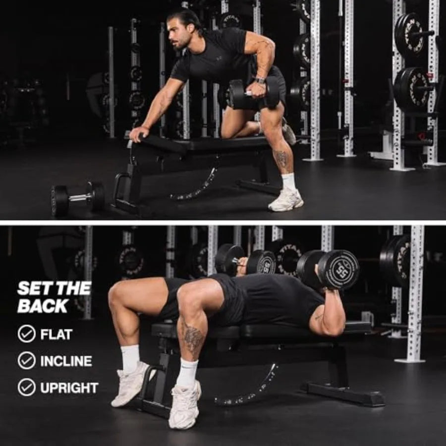 Home gym weightlifting bench: steel, black 650 LB capacity/adjustable flat/incline/upright positions for strength training