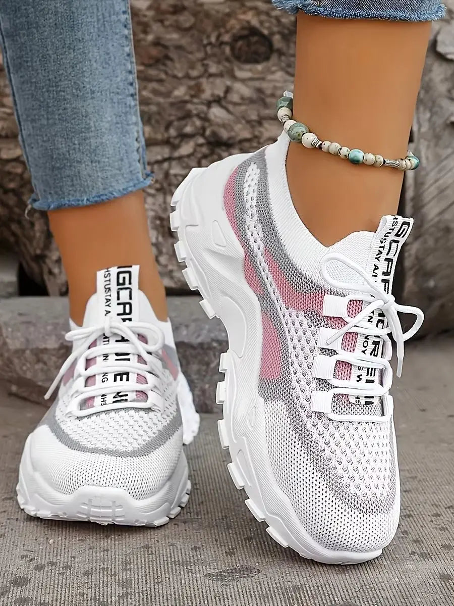 Ladies Breathable Mesh Patchwork Chunky Sneakers/Lace Up Height Increasing Platform Walking Shoes Non Slip Shoes
