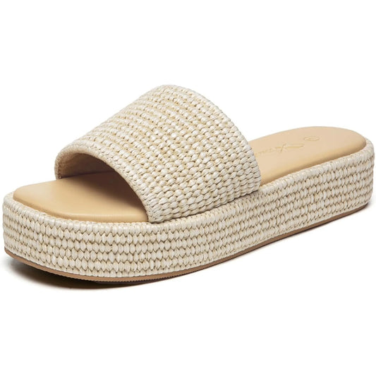Athlefit Women's Platform Raffia Sandals Comfortable Open Toe/Slip On Beach Slides Sandals for Summer Casual