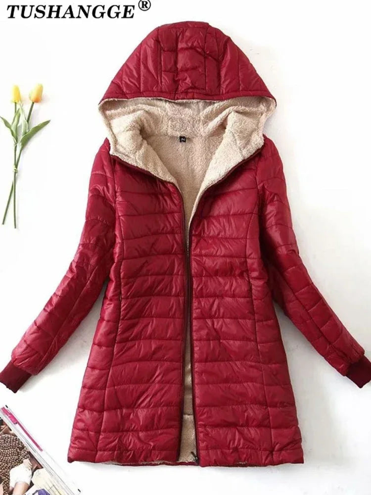 Solid Color Long Sleeve Hooded Zipper Women's Jackets/Autumn and Winter Mid-length Woman Cotton Coat Slim Fit Parka