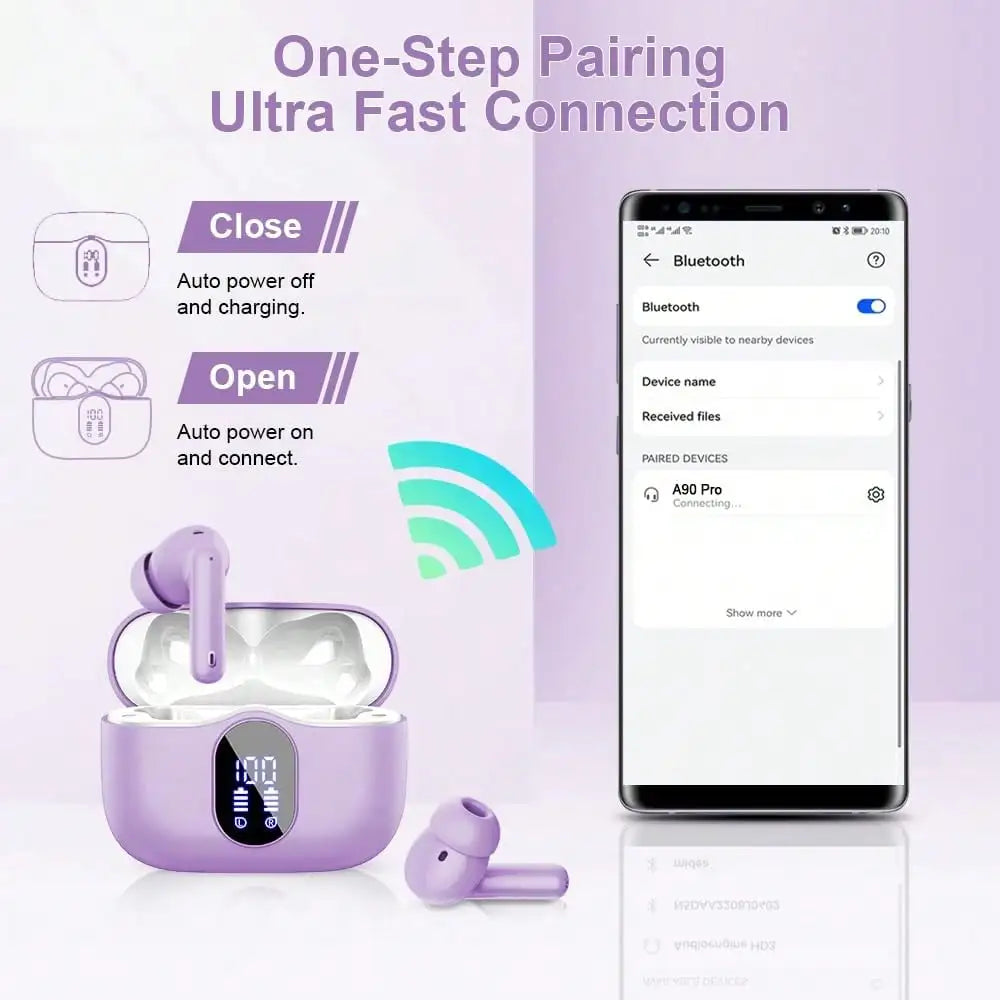 Ordtop Wireless Earbuds Bluetooth Headphones 48H Playtime Ear Buds/With LED Power Display, IPX7 Waterproof Bluetooth 5.4 Earphones