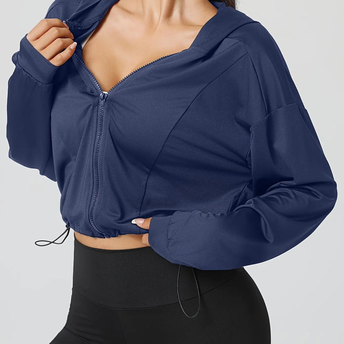 Women's High-Elasticity Short Zippered Hooded Jacket with Collar & H-Fit/All-Season Gym, Yoga  Running Coat Solid Color