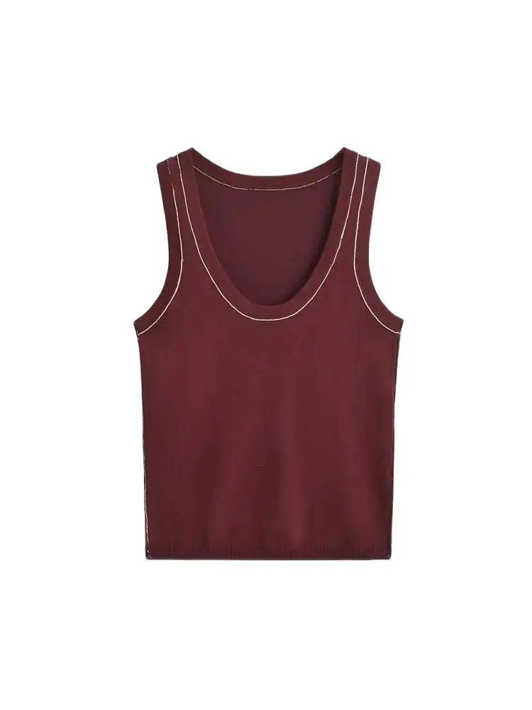 Women's Sleeveless Knit Tank Tops V Neck/Contrast Trims Female Vest Fashion