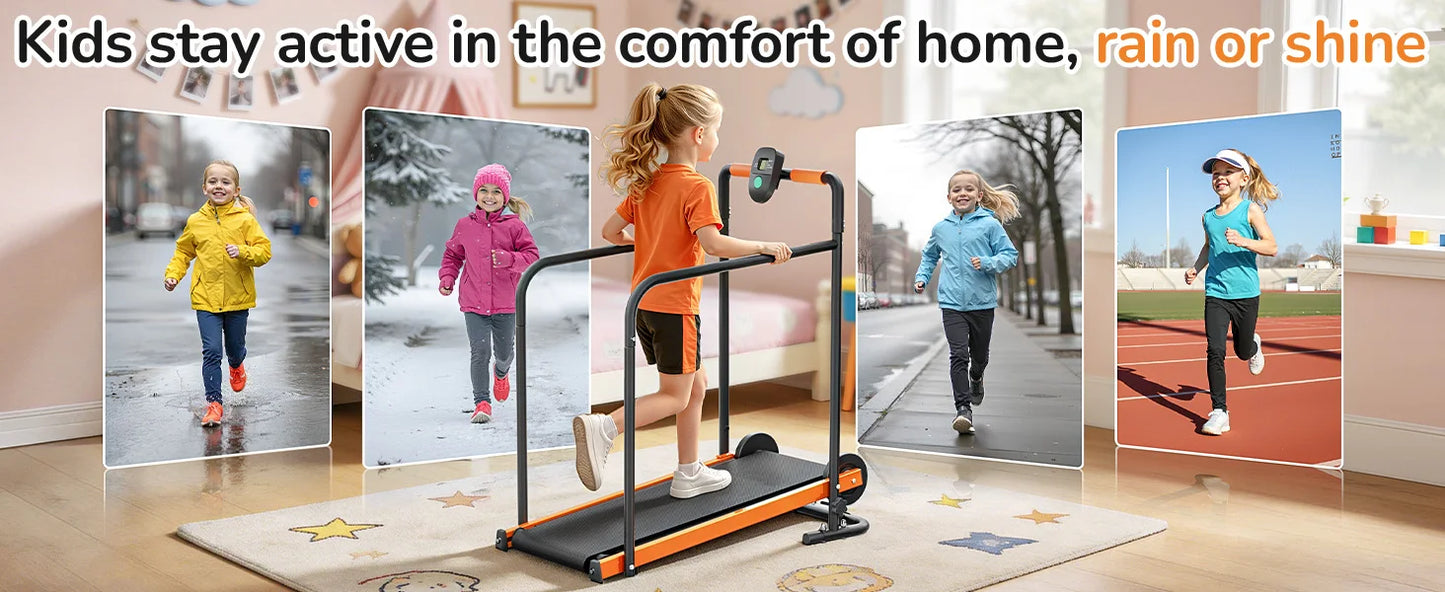 AKLUER Kids Walking Pad Treadmill Non-Electric Indoor Exercise Equipment for Boys & Girls Self-Propelled Fitness Toy with Front Padded Railing