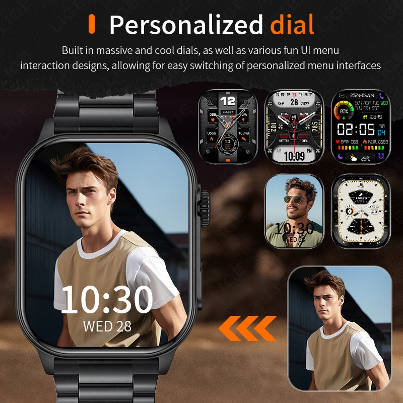 LIGE New Smart Watch LED Flashlight Military Sport Watches/2.01'' Screen Health Monitor Bluetooth Call Waterproof Smartwatch Men
