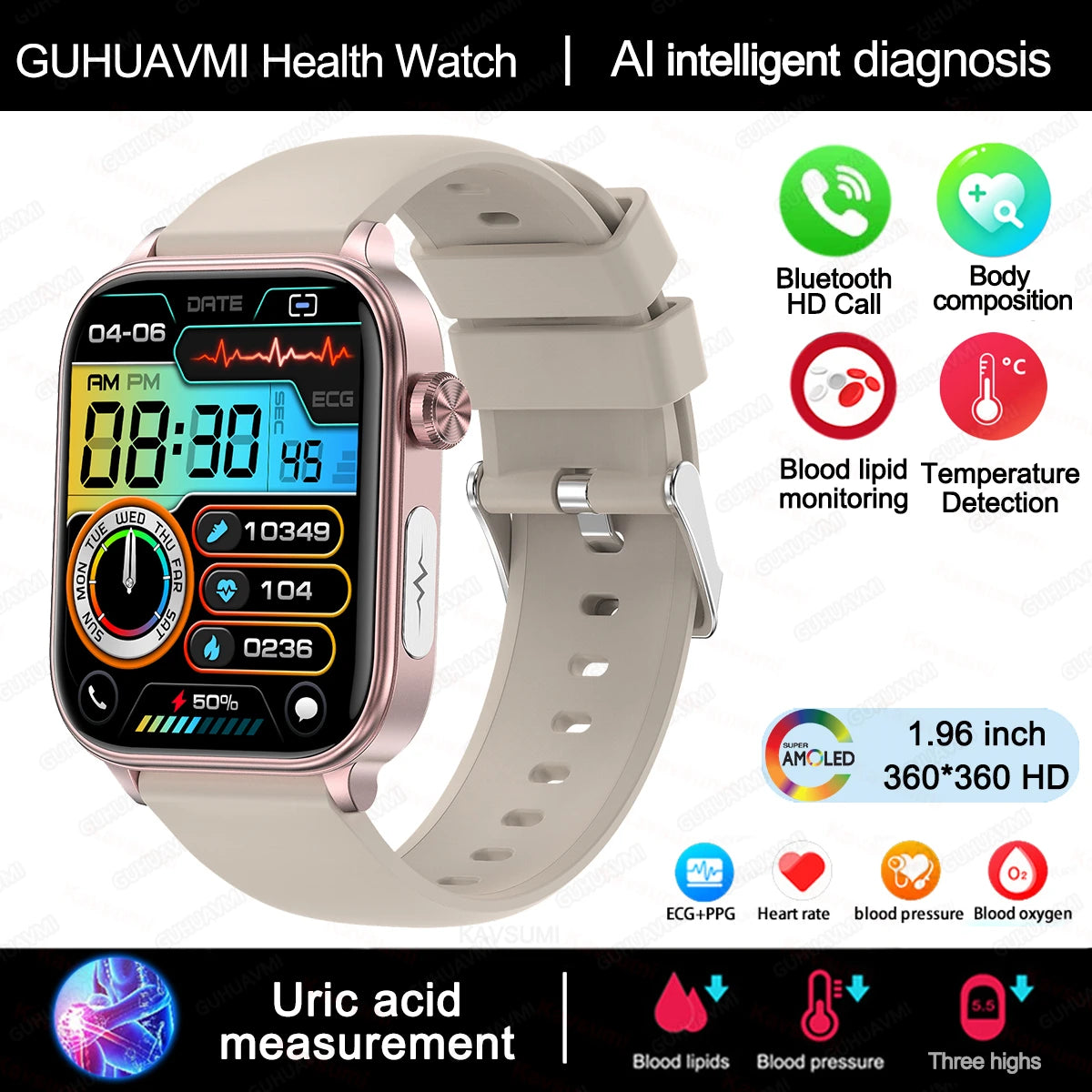 New Al Science Diagnosis Blood Lipids Uric Acid Blood Oxygen/Smart Watch Men ECG+PPG Voice Bluetooth Call Health Smartwatch