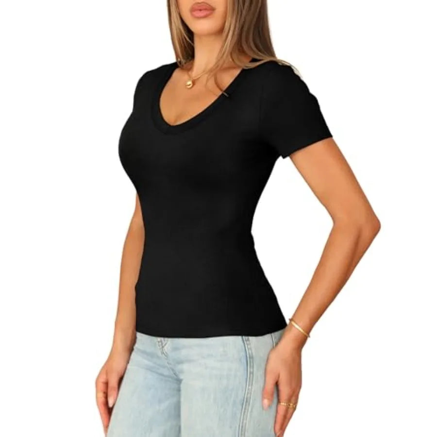 Sampeel Short Sleeve Shirts for Women V Neck Summer Ribbed T shirts/2026 Slim Fit Spring Fashion Going Out Basic Tees