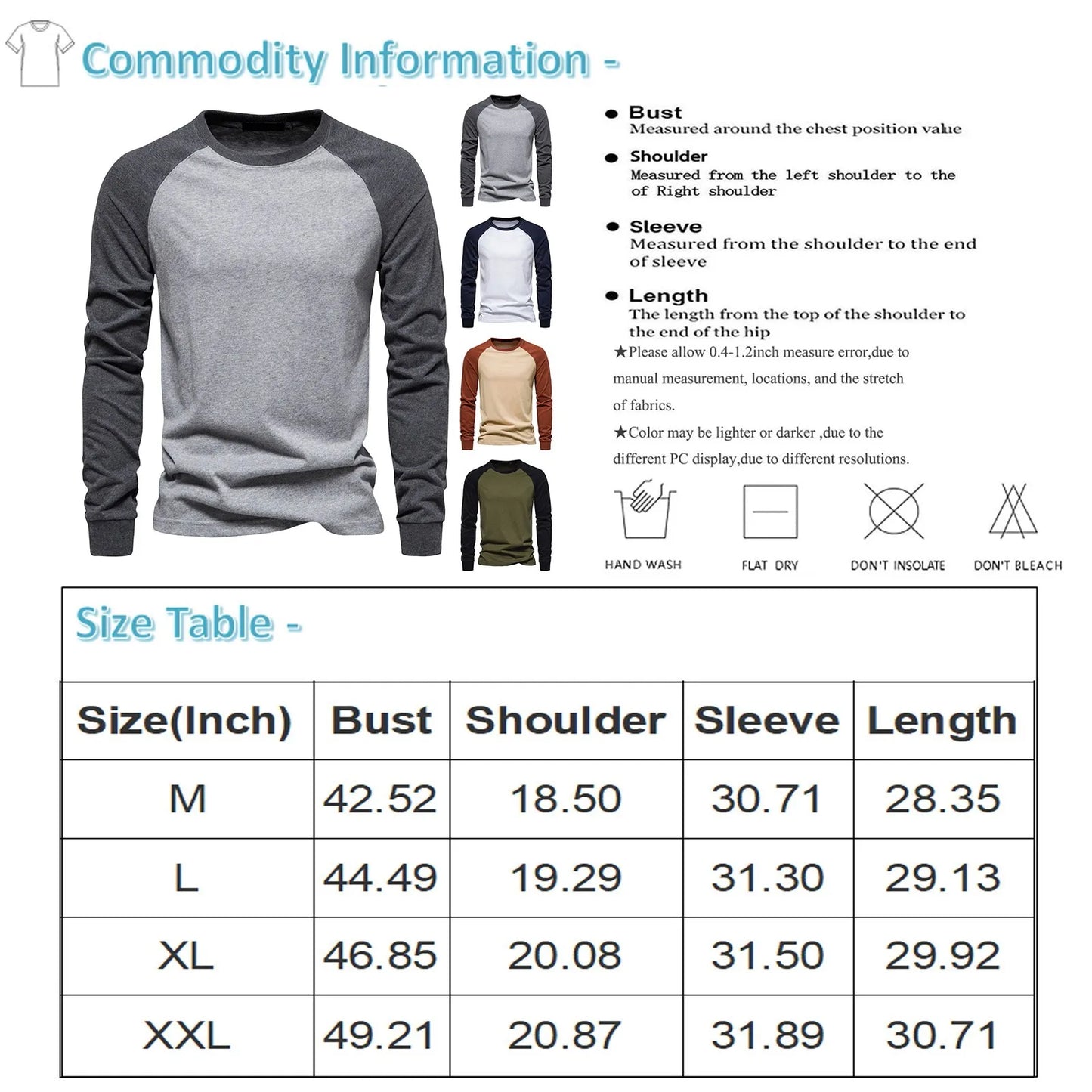 Men's Round Neck T-shirts Raglan Sleeve/Color Matching Long Sleeve Shirt Men's long sleeved
