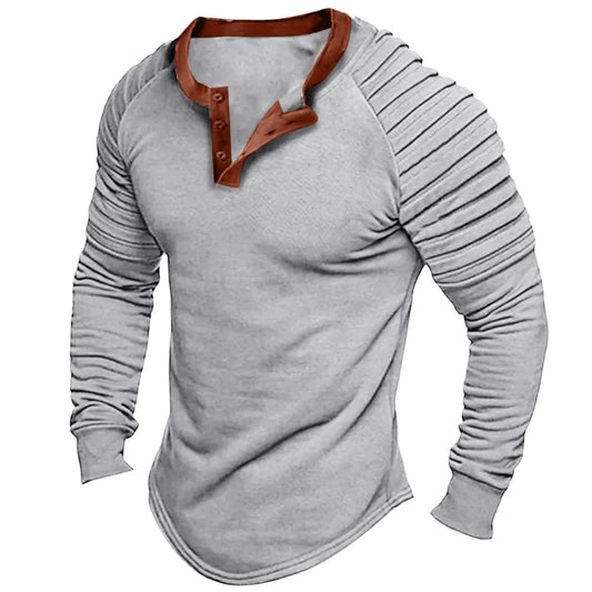 Men's Ruched Long Sleeve T-Shirts Sport Casual Half Button/Round Neck Pullovers Tops Vintage Loose Leisure Slim Clothing